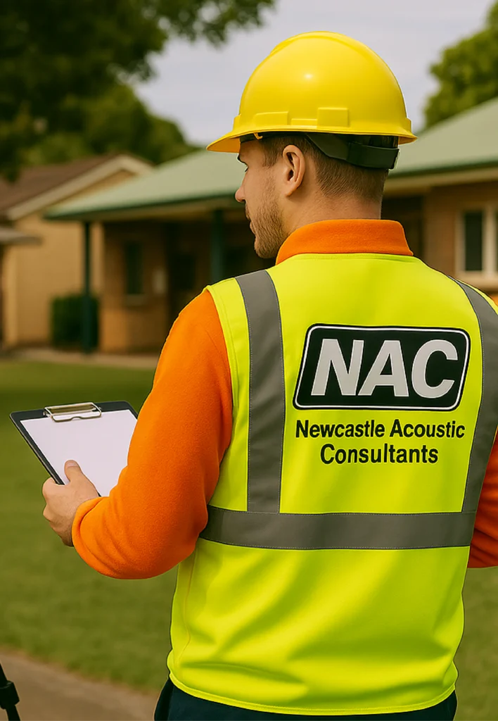 Newcastle Acoustic Consultants professional conducting community noise monitoring with sound level meter on tripod in Gosford NSW street